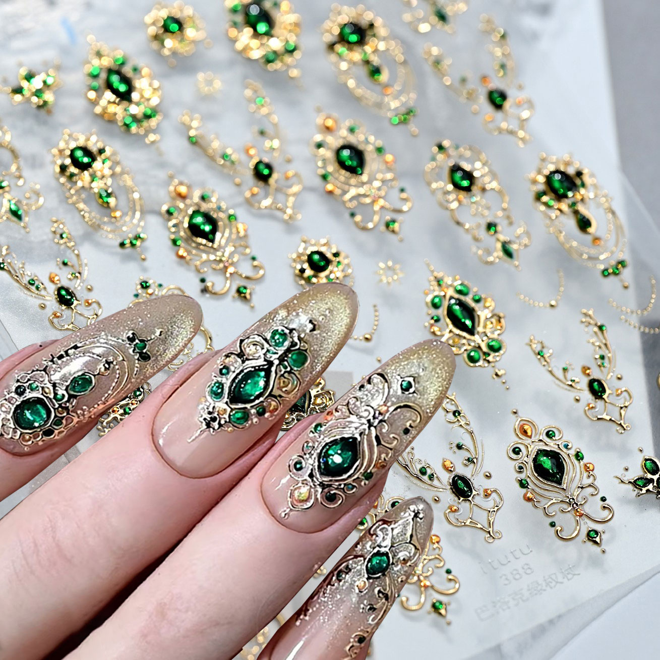 Nail Art Emerald Green - 5D تنقش أحجار كريمة من الزمرد