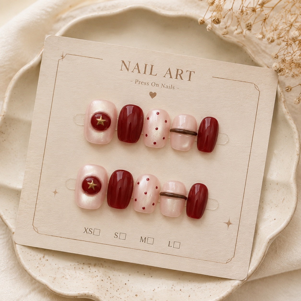 Nail Art Red Wine Cat Eye - 10 قطع أظافر صناعية قصيرة مربعة